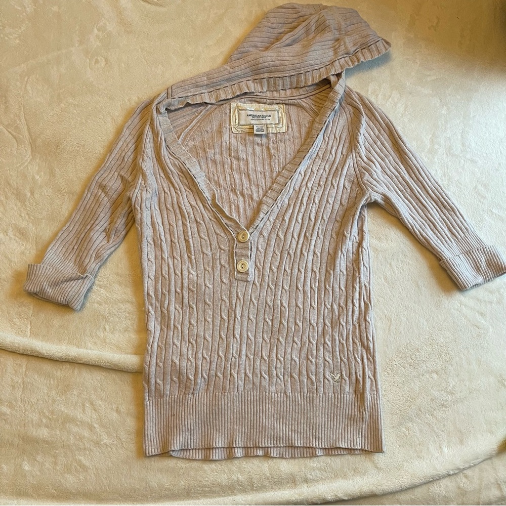 Vintage Y2K American Eagle Cable Knit Hoodie Sweater Cream M